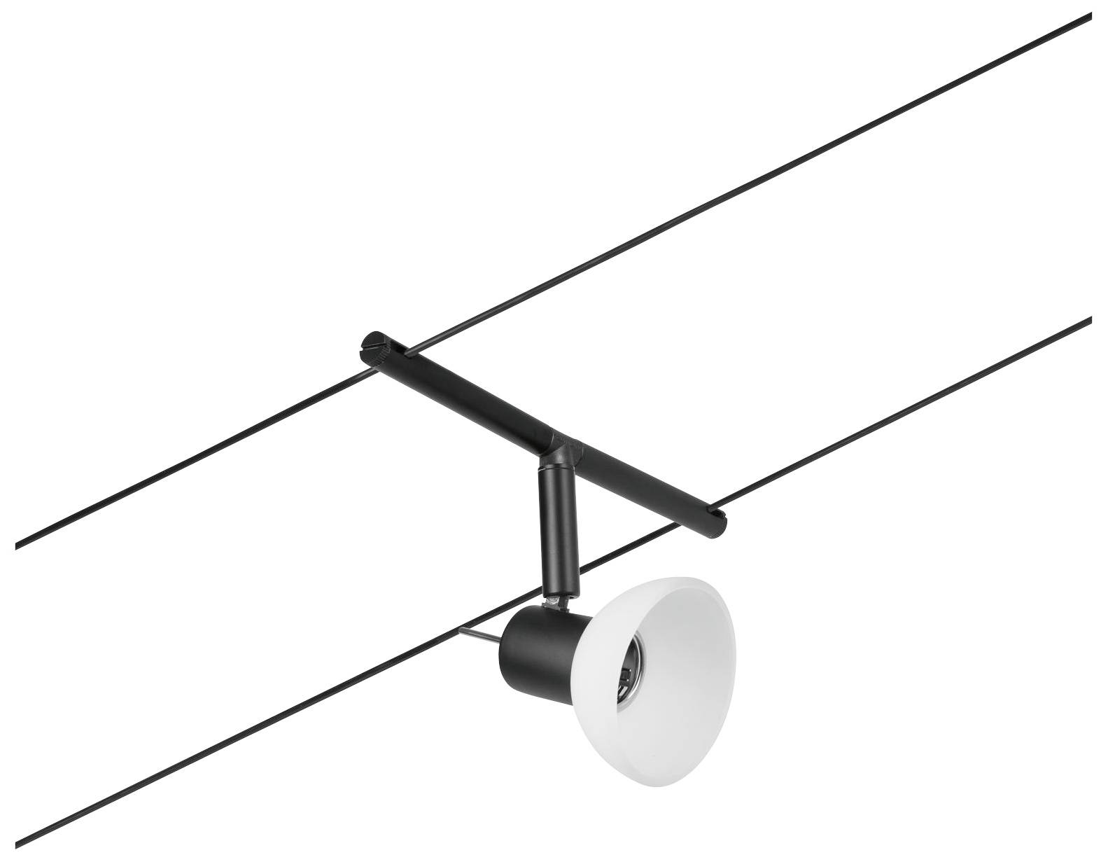 Black ceiling spotlight with a white lampshade, mounted on a cable system, pointing downwards to illuminate an area.