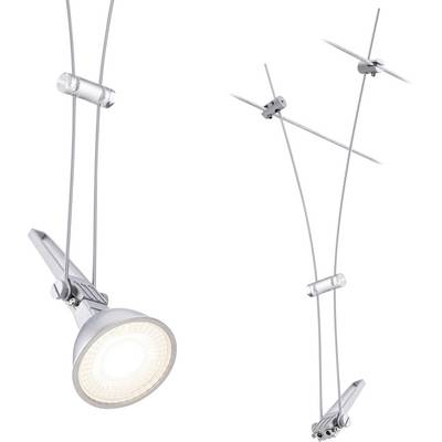 A modern rail system with adjustable LED spotlights, mounted on cables, ideal for flexible lighting solutions.