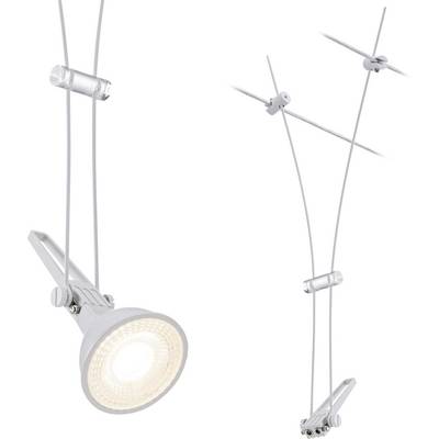 A modern cable light with an adjustable spotlight, mounted on a wire cable. Suitable for flexible lighting in interior spaces.
