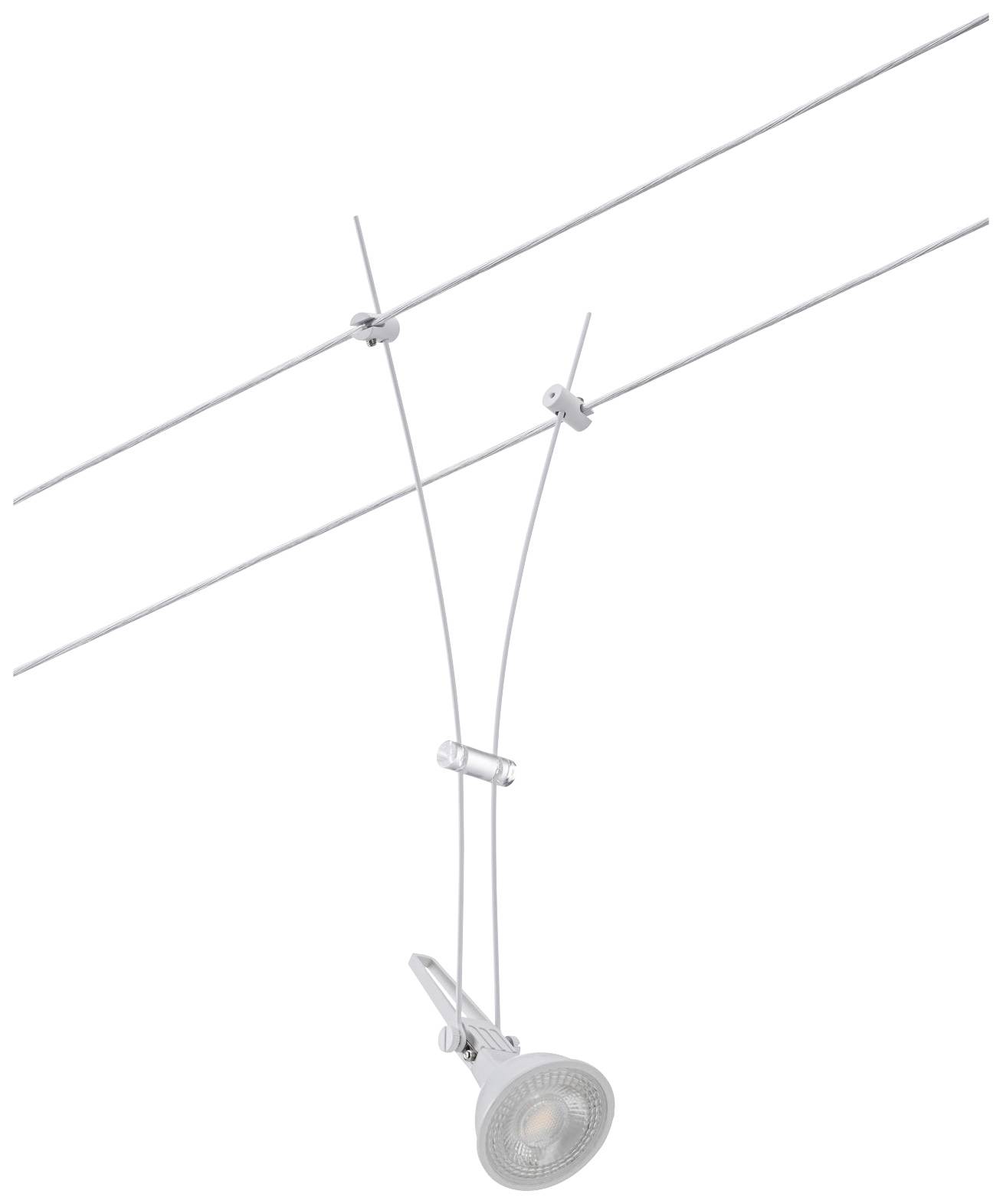 A white, adjustable cable system spotlight with a pivoting lamp head, suitable for focused lighting in interior spaces.