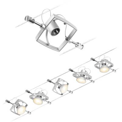 Four silver, ceiling-mounted spotlight fixtures in a row. Each lamp has a square frame and is adjustable.