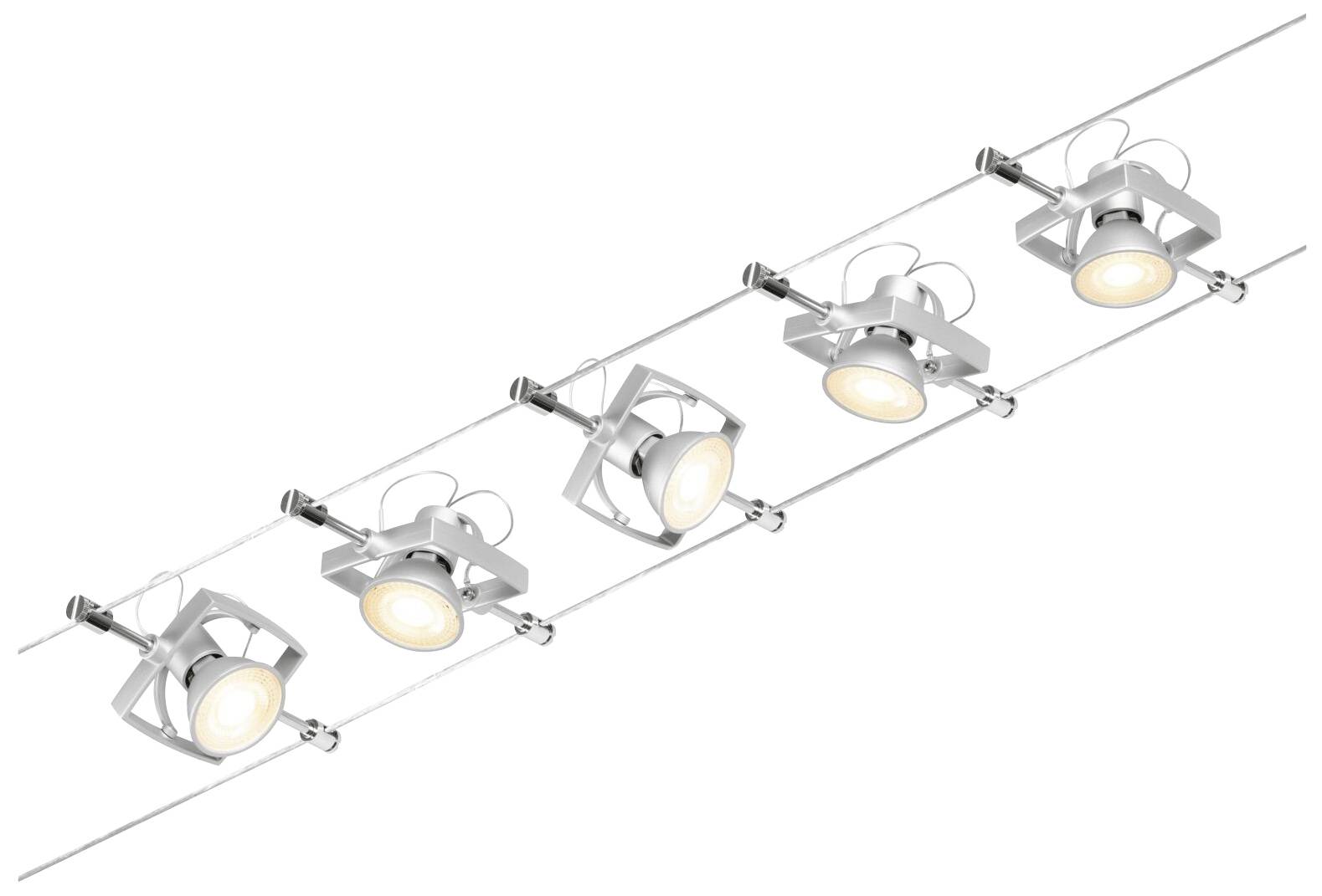 Five silver ceiling spotlights are evenly mounted along a cable track and illuminate in warm white.