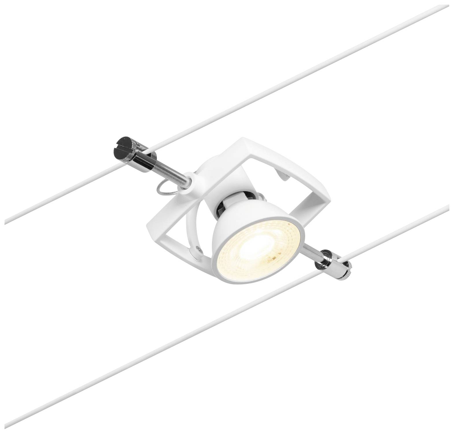 White track light with rotatable spotlight, mounted on two parallel running rails.