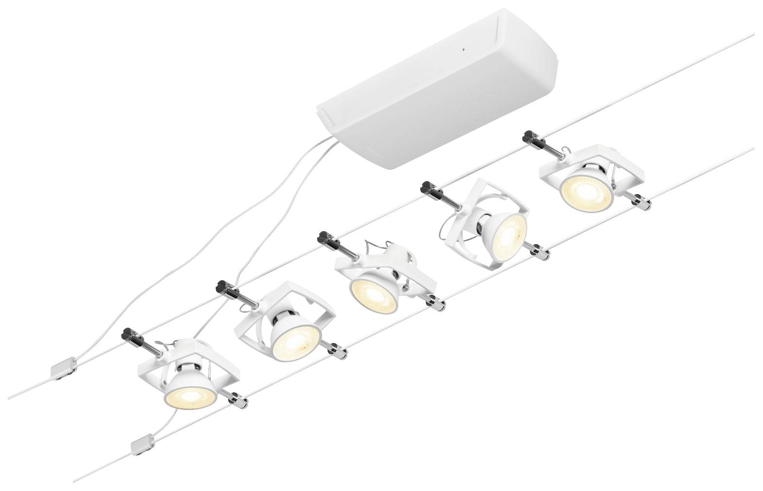Five adjustable white ceiling spotlights on a wire track, suitable for illuminating large areas.