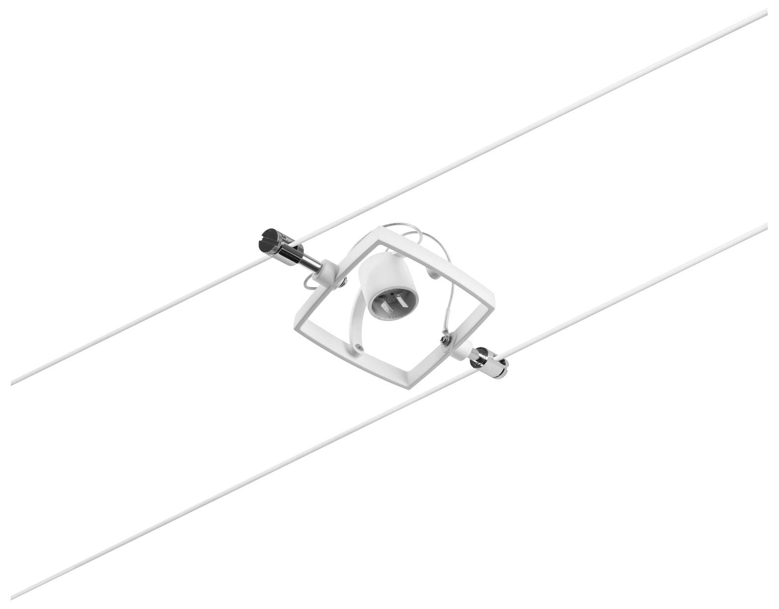 A white ceiling light with modern design, mounted on two parallel metal rods, suitable for contemporary interiors.