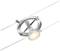 A silver, pivoting cable system light with a circular frame and LED light source, mounted between two power cables.