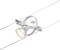 A silver rope light with a round lampshade, mounted on two parallel stretched wires, casts warm light downwards.