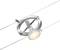 Silver ceiling spotlight system with LED light, mounted on two wires. Light shines downwards.