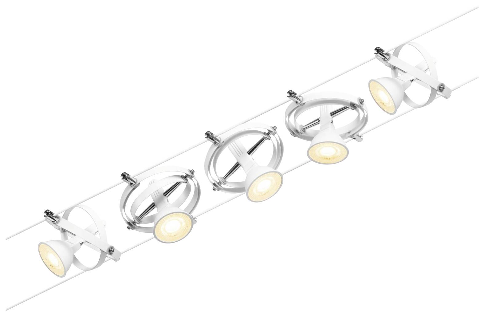 Ceiling track lighting with five adjustable LED spotlights, emitting warm white light. Suitable for modern interiors.