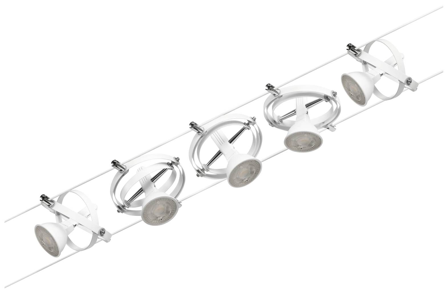 Five white, circular ceiling spotlights mounted in a line, pointing in different directions to provide targeted lighting.