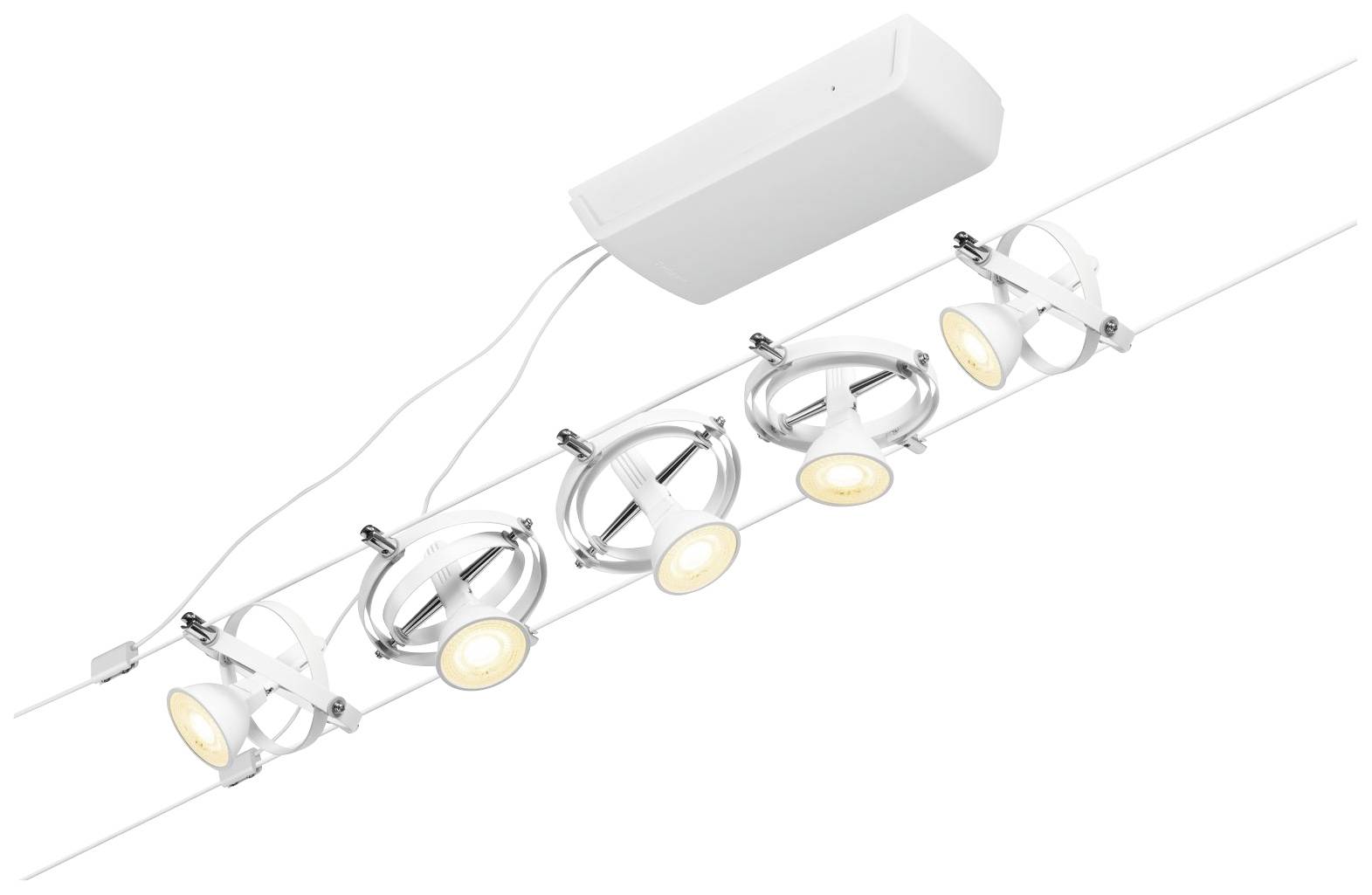 A ceiling-mounted track system with five adjustable LED lights, perfect for targeted room illumination.