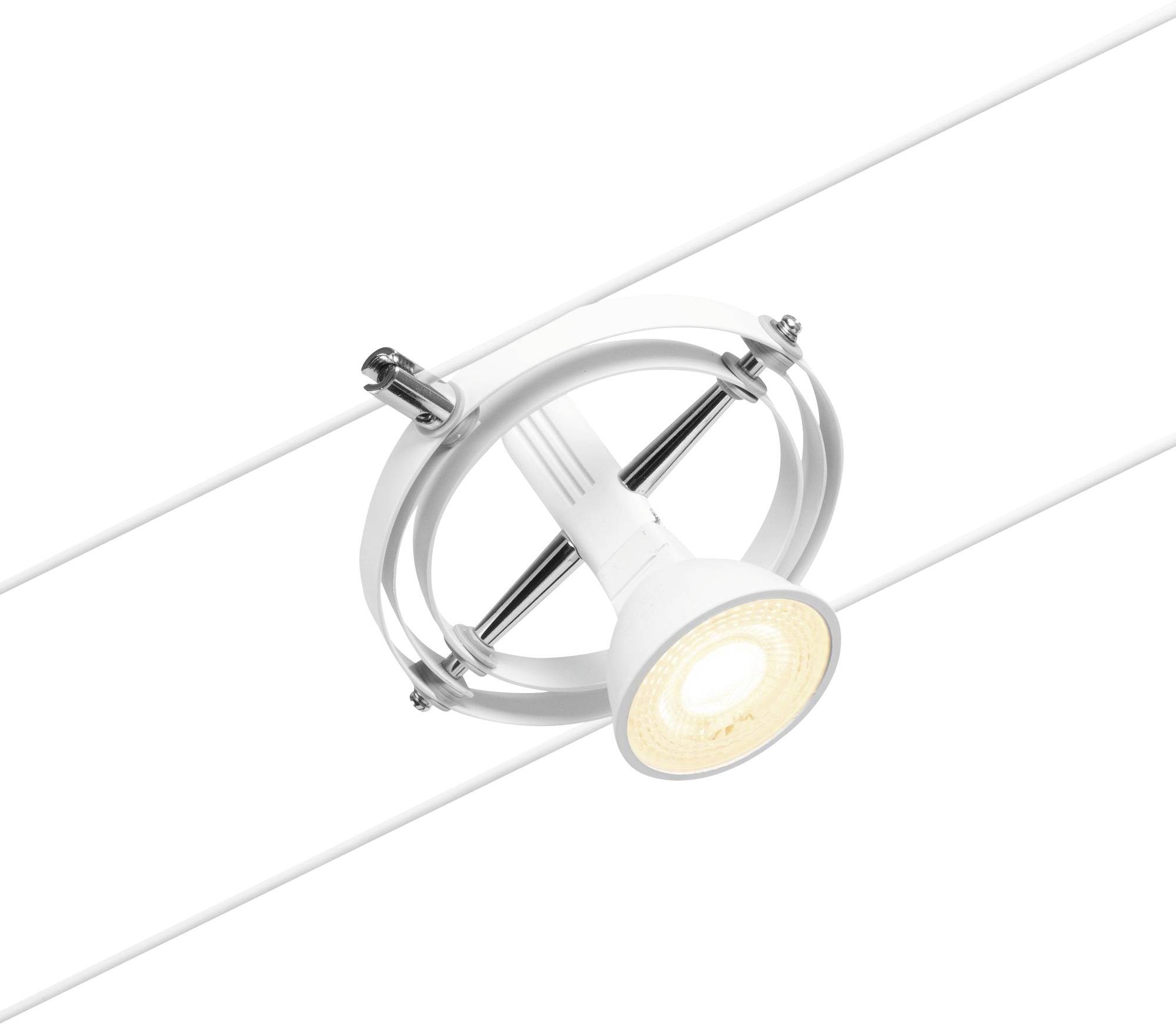 A white ceiling spotlight is mounted on a track, shines downwards and is suitable for directional lighting.