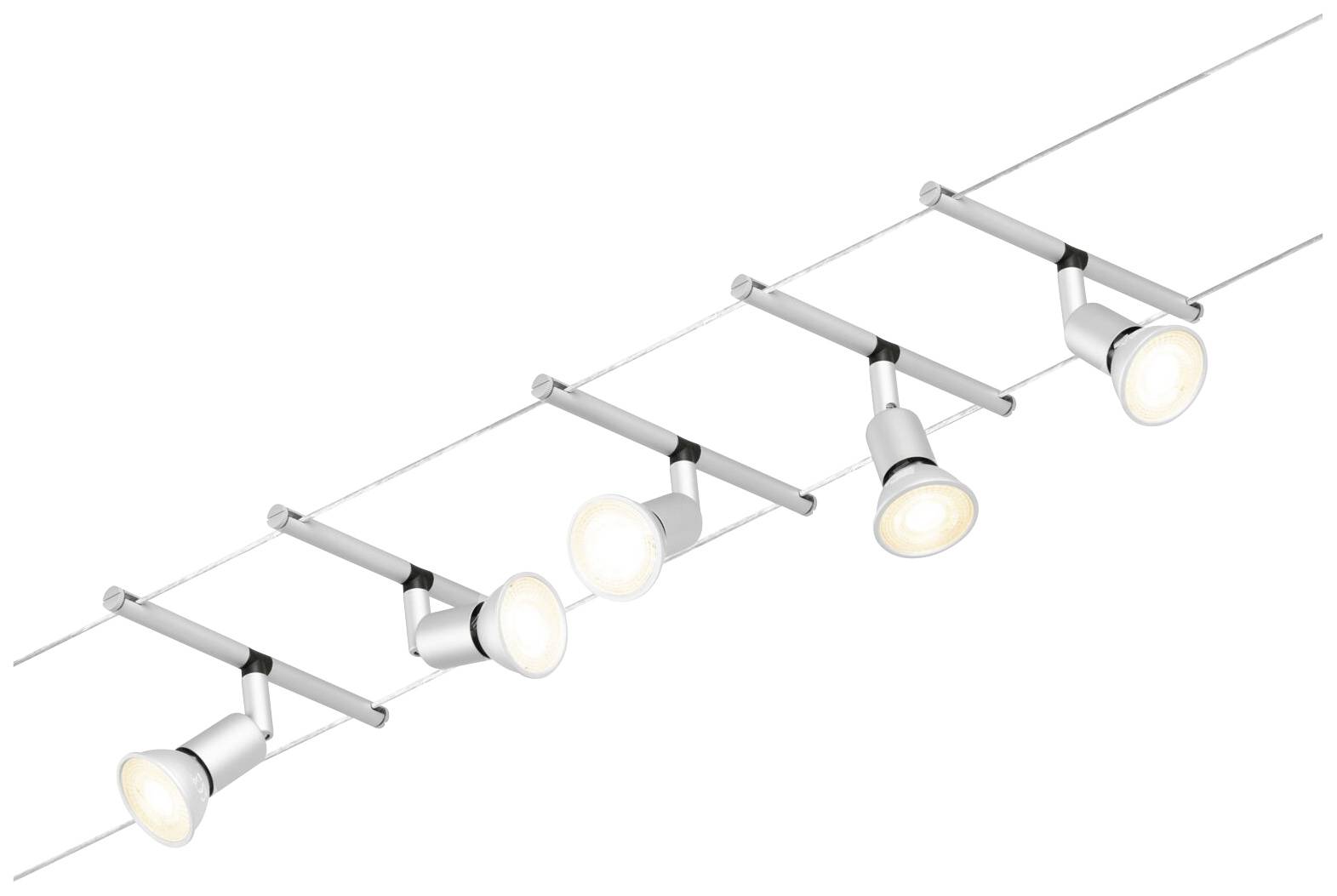 A silver ceiling light with five adjustable, downward-facing lamps on a straight track. Ideal for directional lighting.