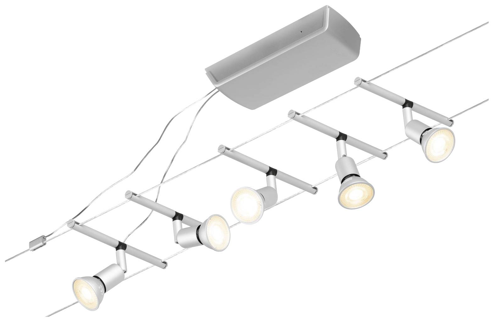 Five-pointed ceiling spotlight set in contemporary, silver-coloured metal tracks, mounted on a rectangular ceiling canopy.