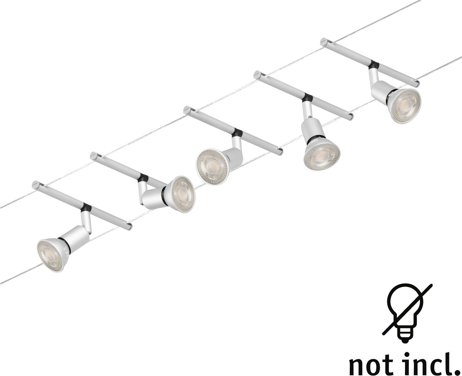Lighting system with five pivoting spotlights on a ceiling track. Note: Lamps not included.