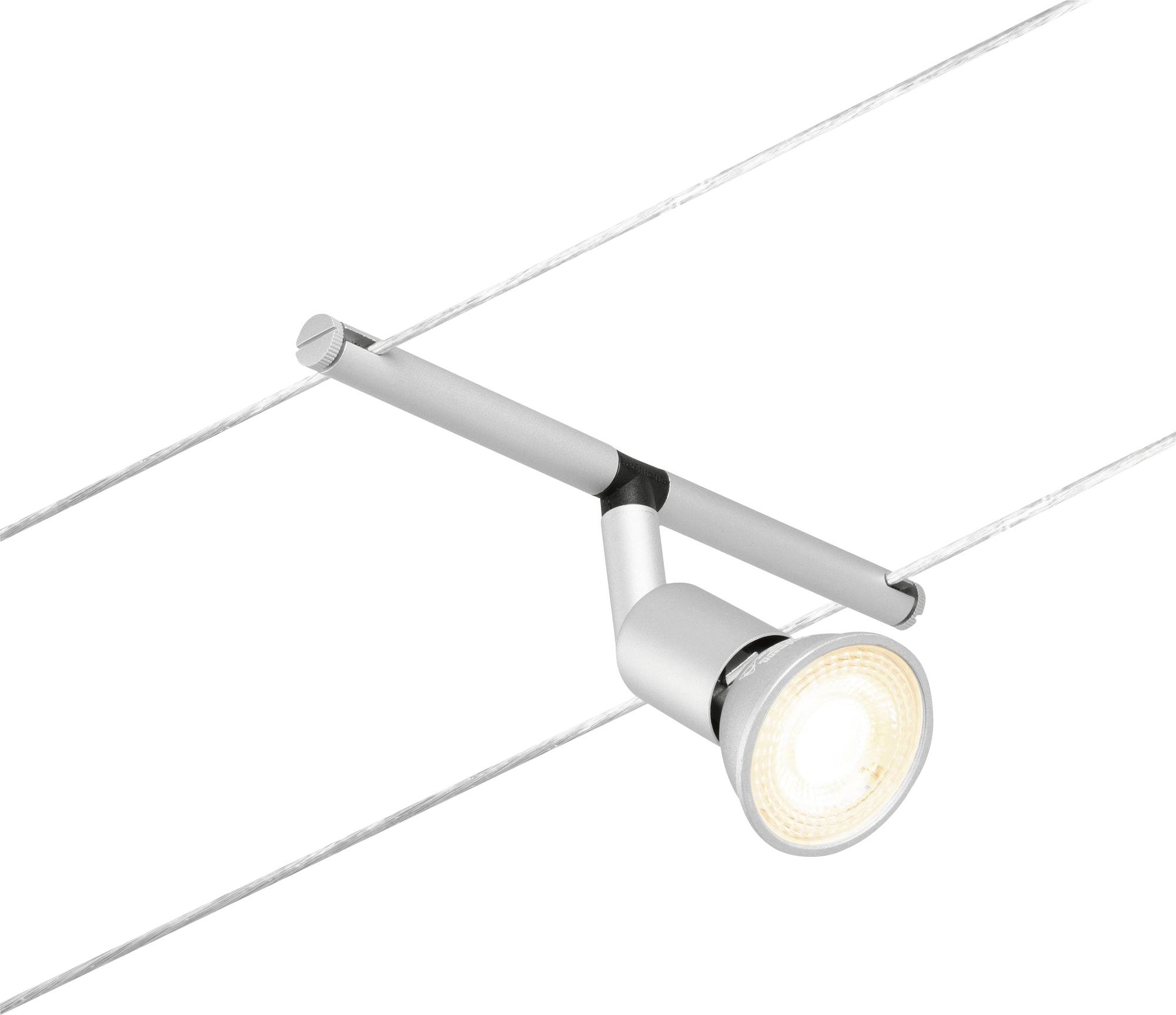 A modern silver spotlight is integrated into a live cable system and emits a warm white light.