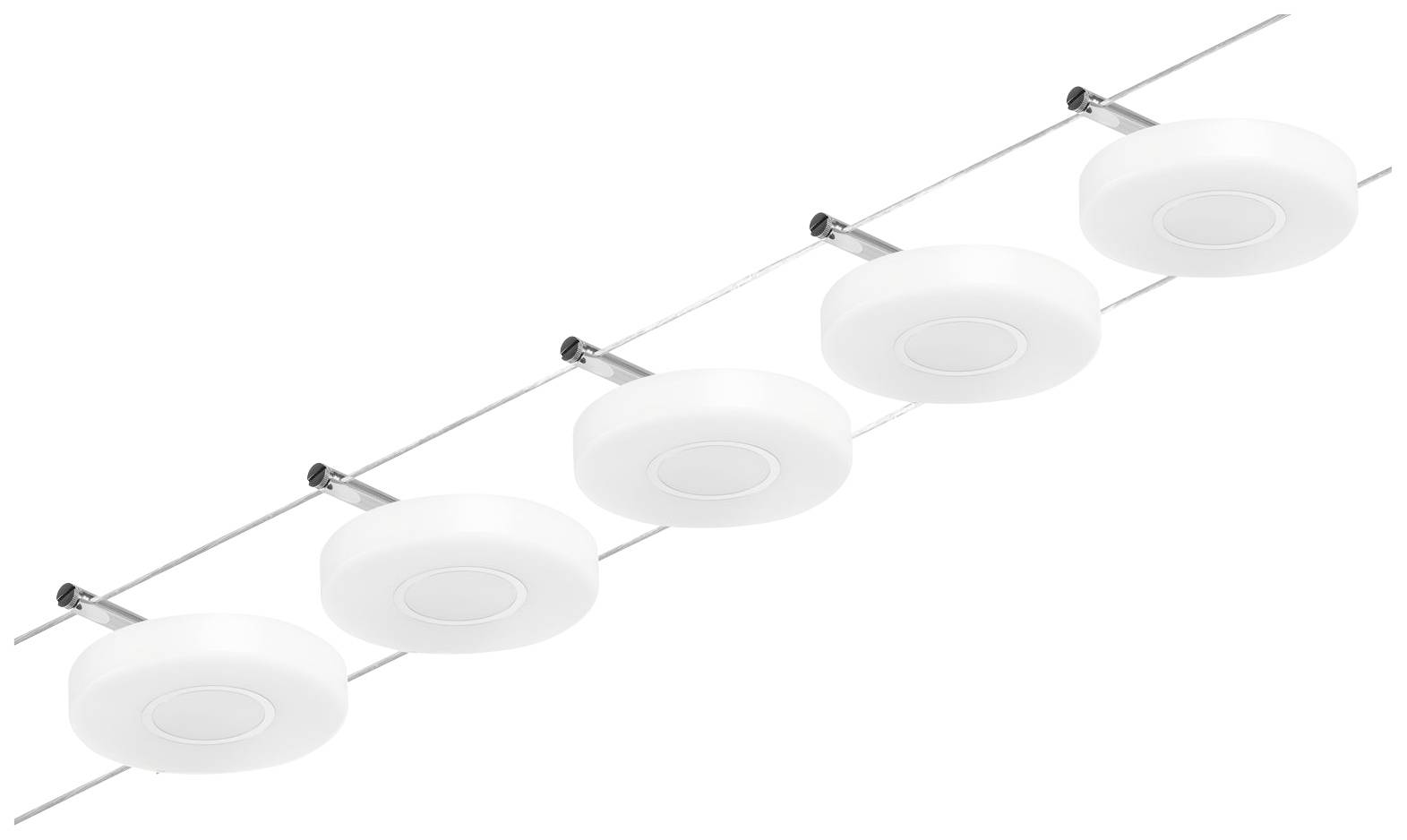 Five round, white ceiling lights are attached in a straight line to a wire cable mounted on the ceiling.