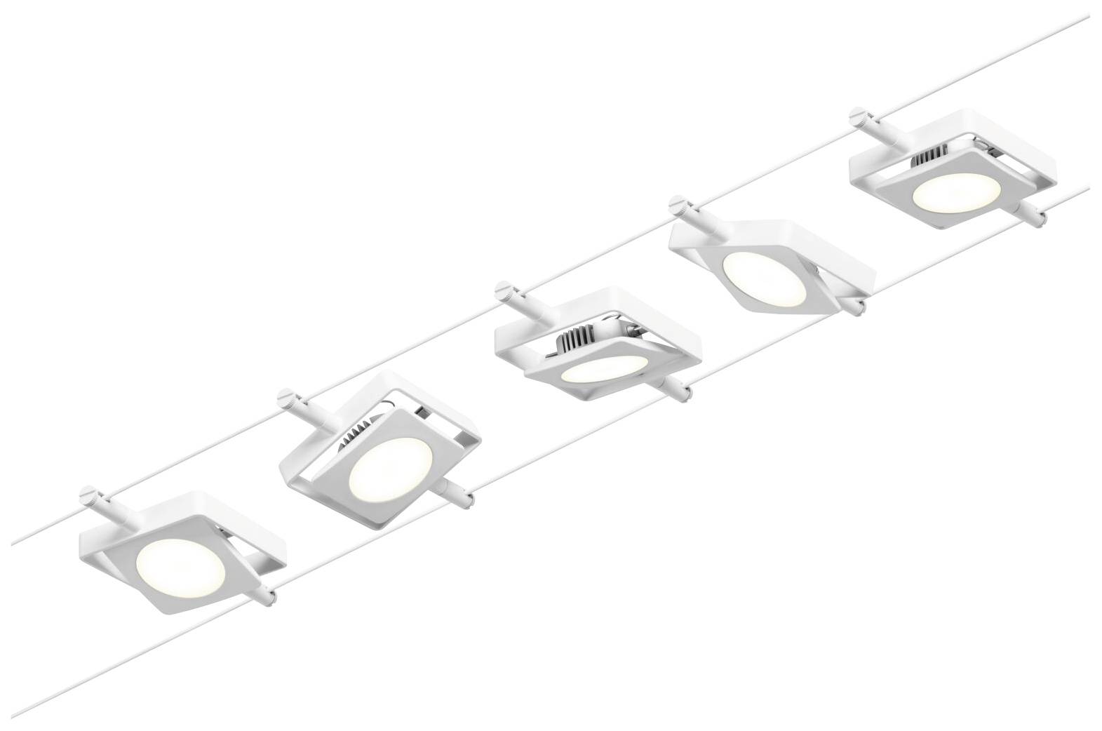 Four square white LED ceiling lights mounted in a row, illuminating the space in a clean, modern style.