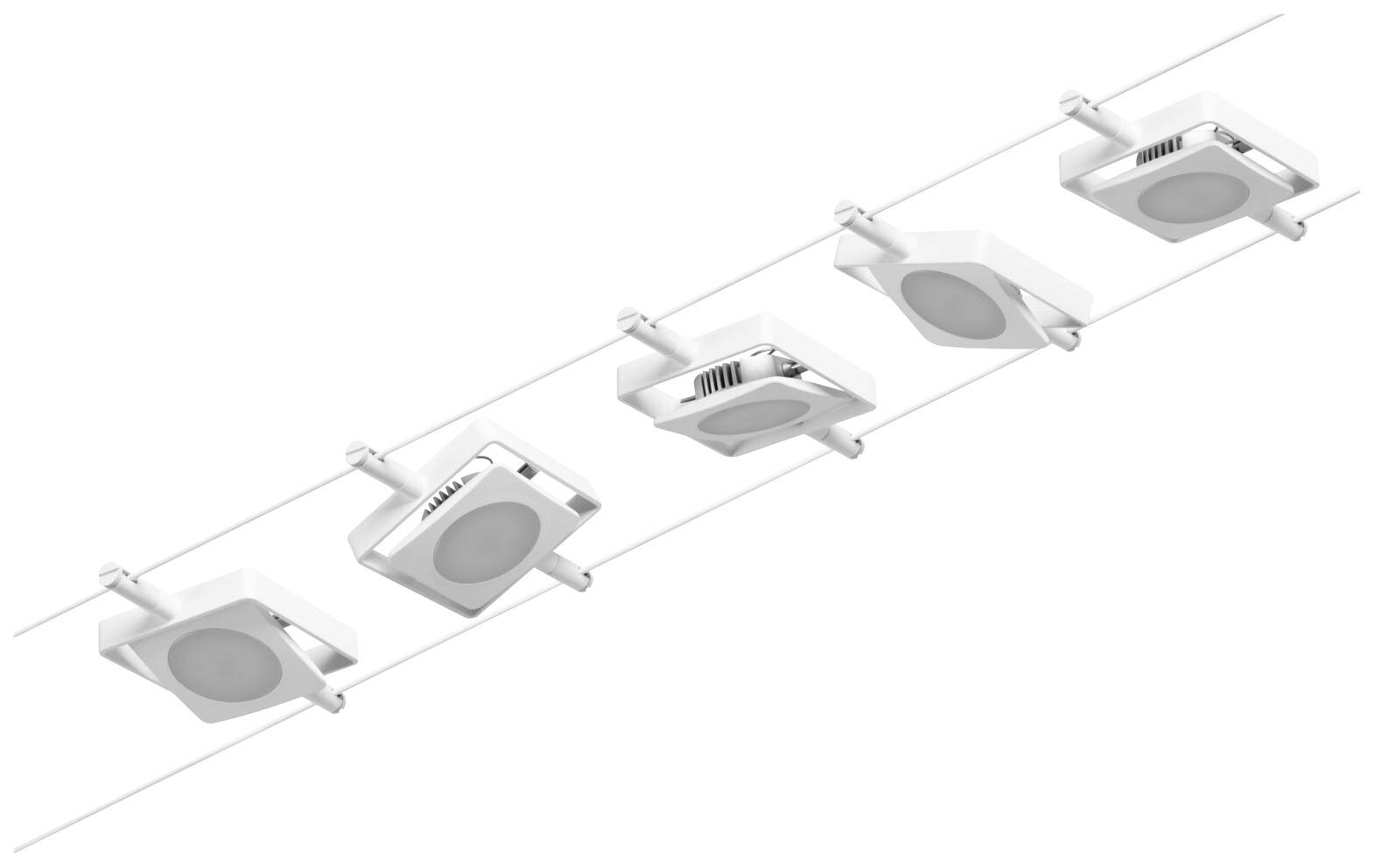 Five white, square LED panel lights are mounted in a row on a rail and directed downwards.