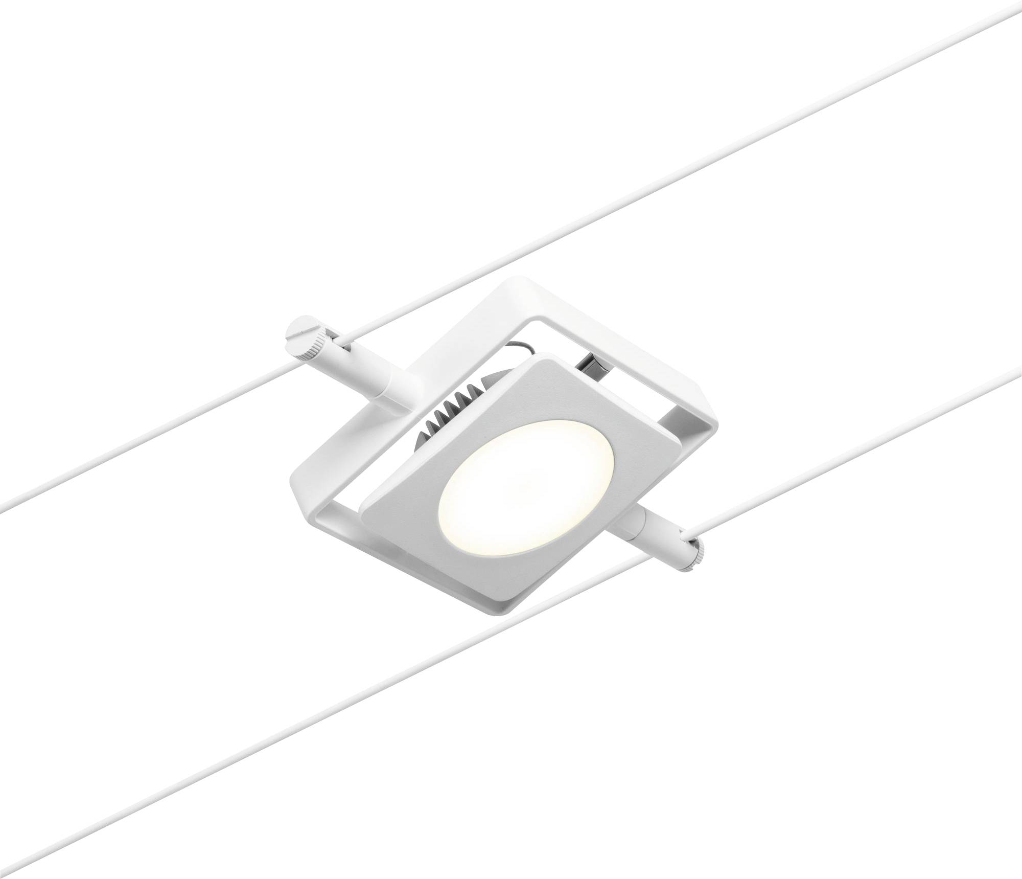 A white LED spotlight is mounted on a cable system. The spotlight shines brightly, ideal for illuminating interior spaces.