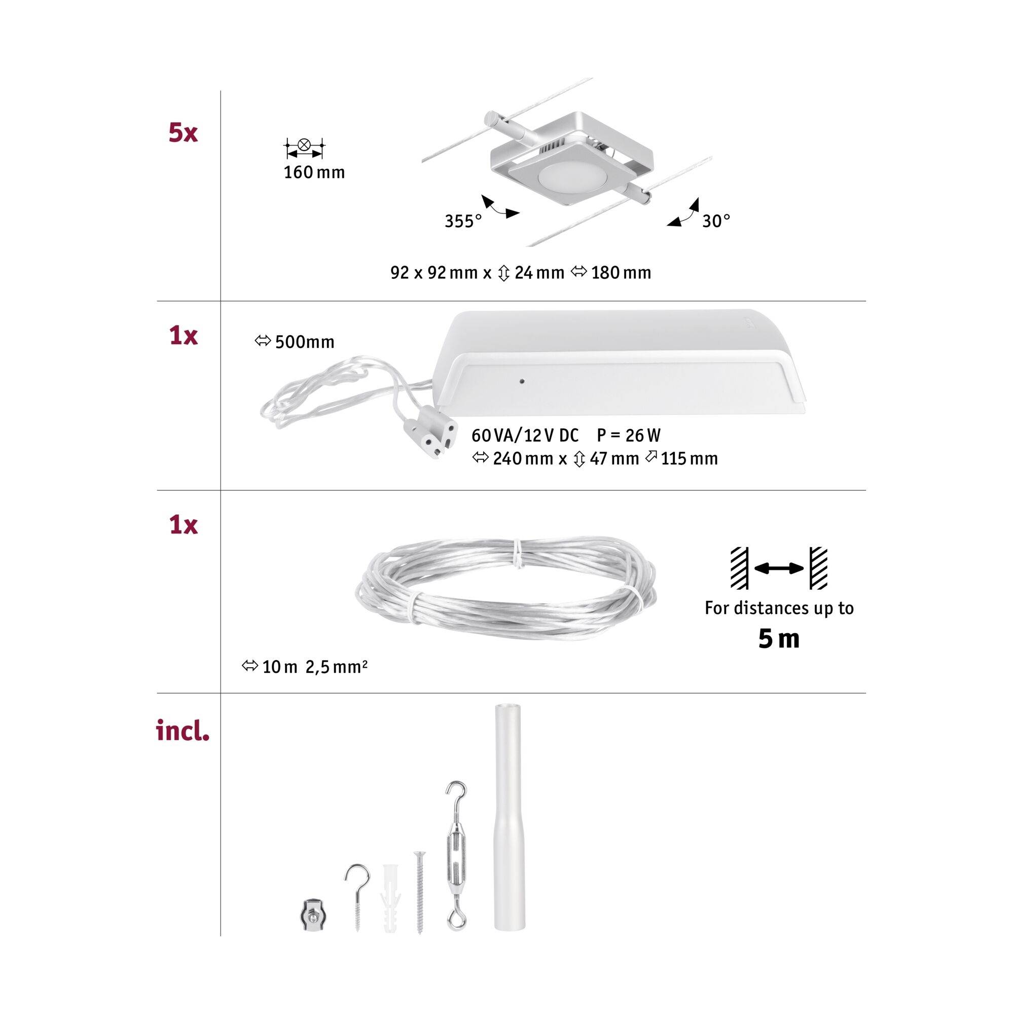 'Installation Diagram: Component on top, L 160 mm, pivotable 355°, tiltable 30°. Central component, L 500 mm, 60 VA/12V DC, P = 26 W. Cable 10 m for up to 5 m distance, 2.5 mm² cable included.'