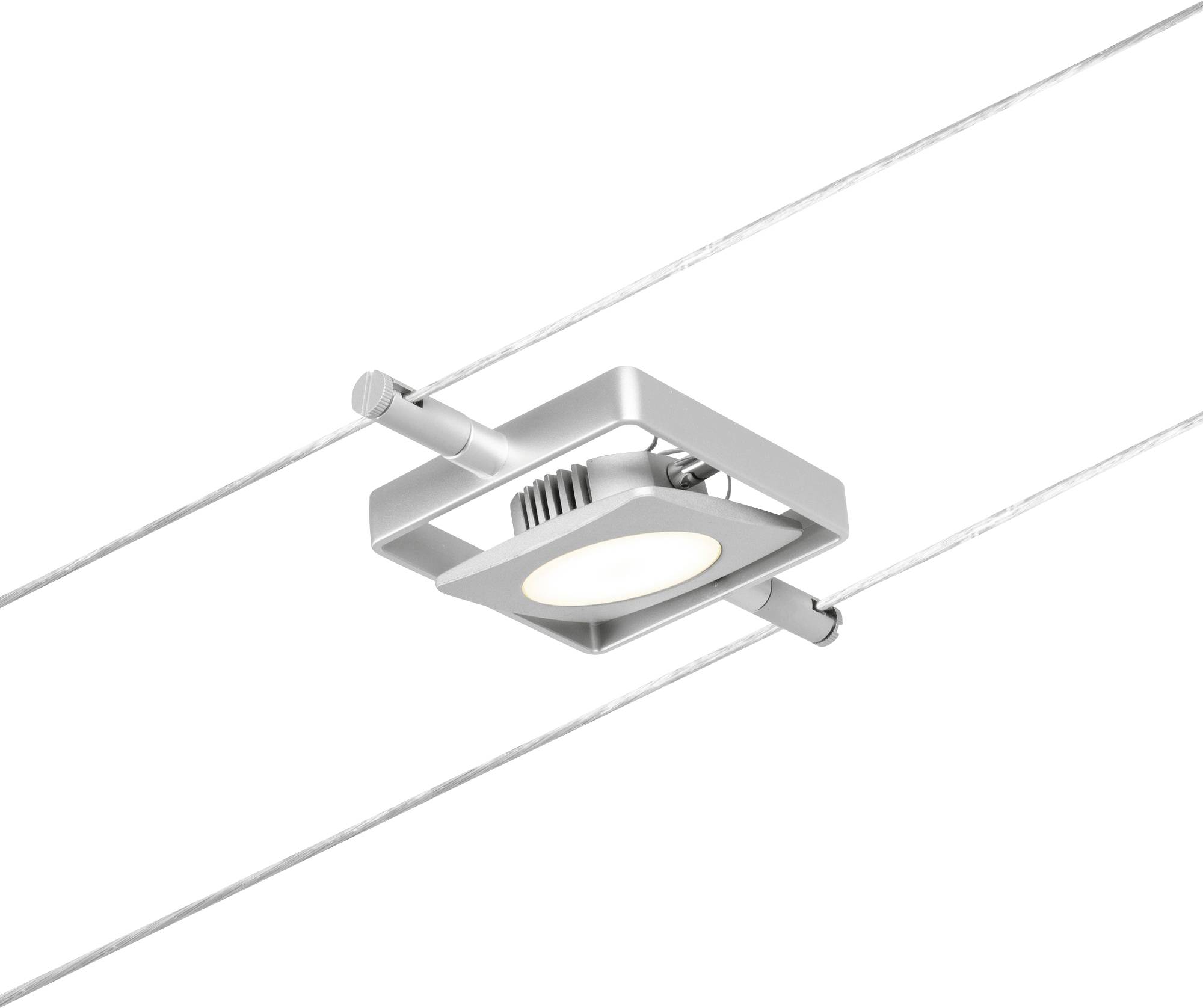 A square, silver ceiling spotlight is mounted on two tensioned cables. The light shines slightly downwards.