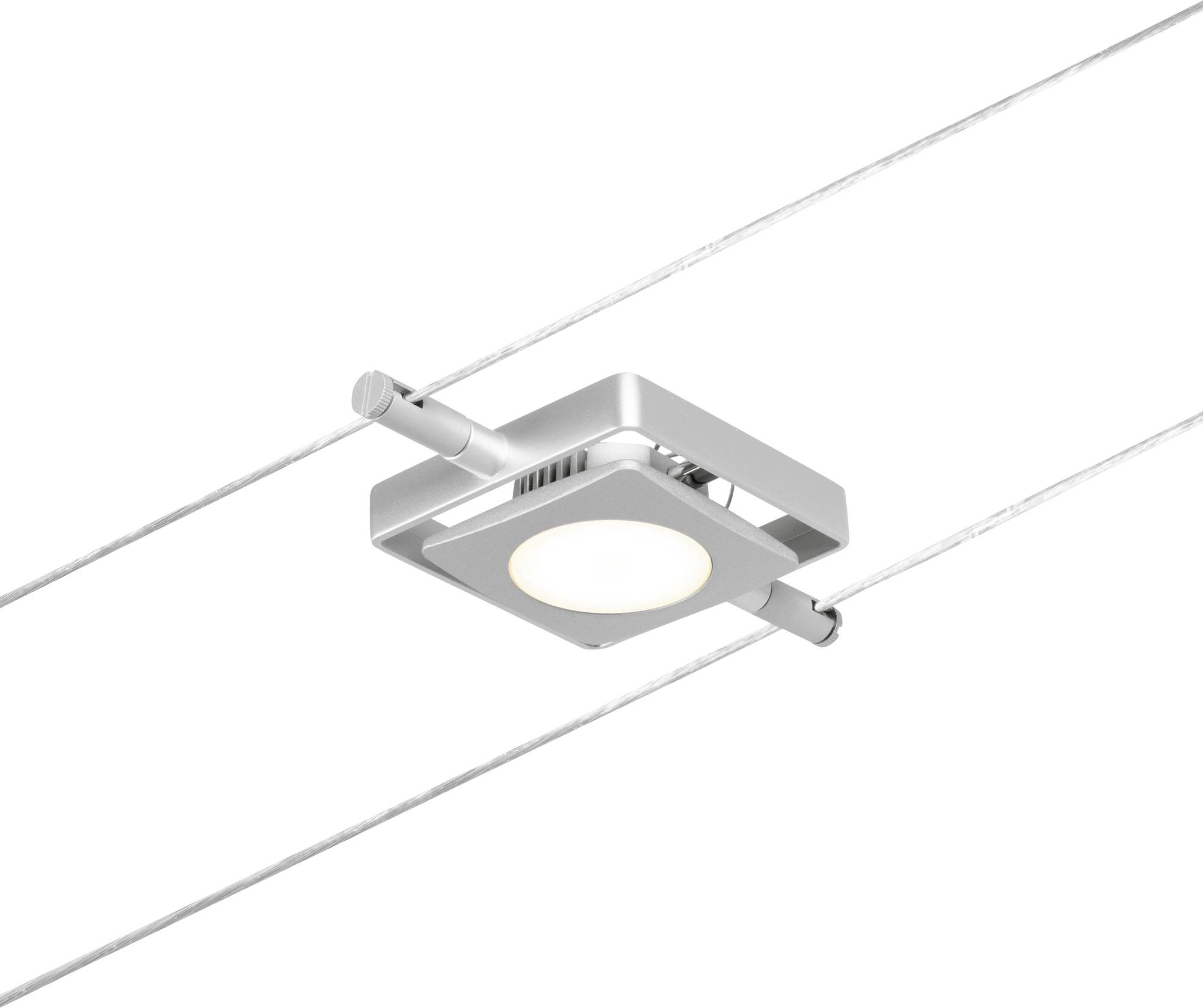 Square metal ceiling light with round, integrated LED light, mounted between two tensioned cables.