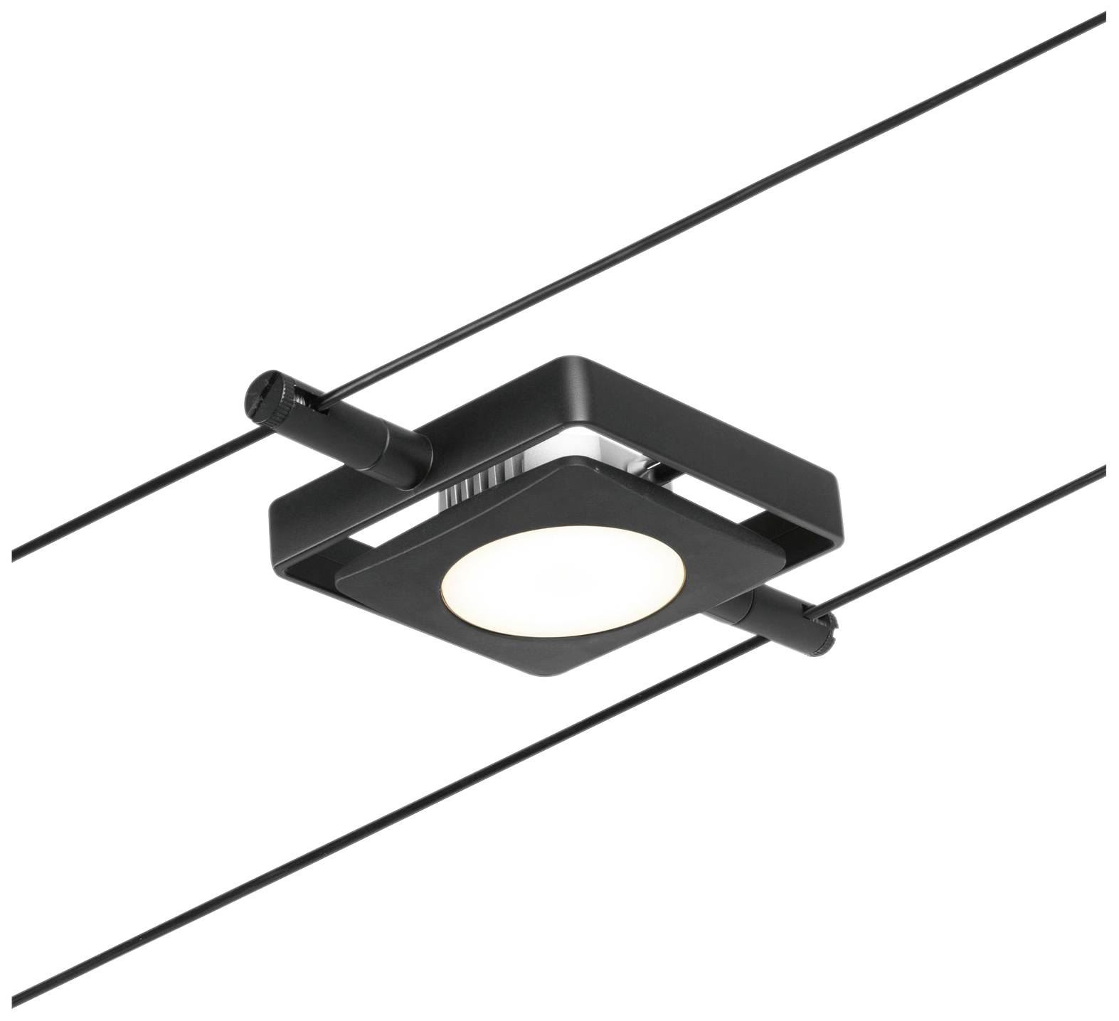 Black square ceiling spotlight mounted on two thin cables, illuminating towards the viewer.
