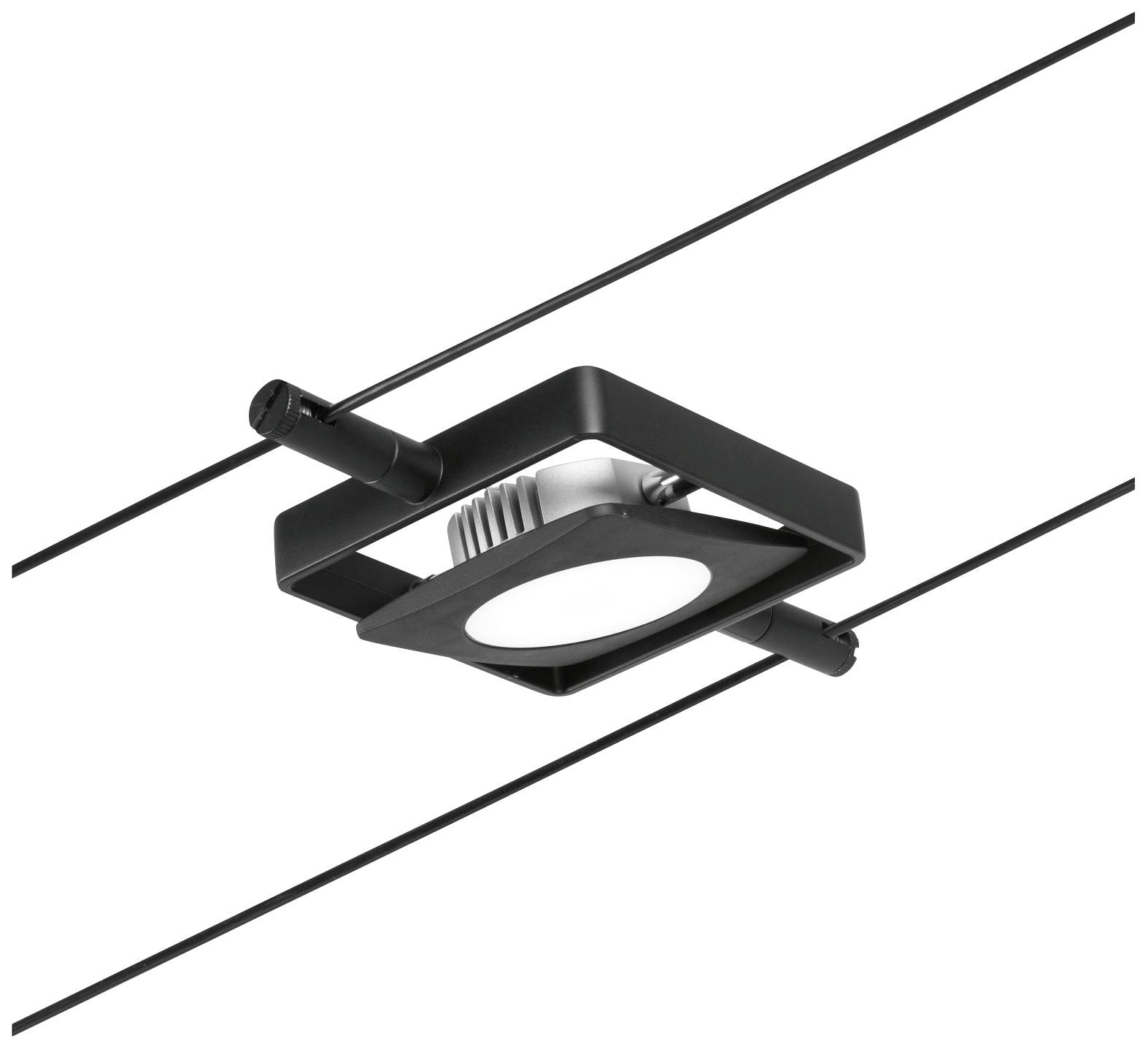 A square ceiling light, suspended from two parallel cables, illuminates with a modern design. Ideal for flexible room lighting.