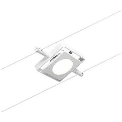 A modern, square ceiling light in white, suspended from two parallel cables, efficiently illuminates the room.
