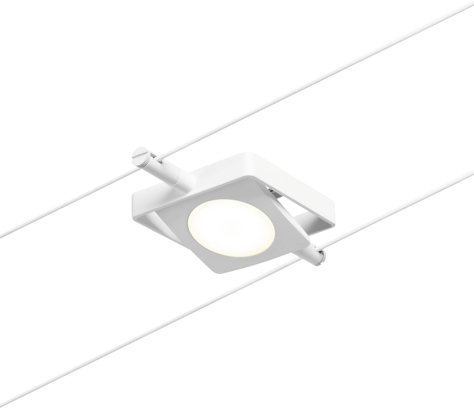 White, square ceiling light with a circular illumination area, mounted on two parallel wires.