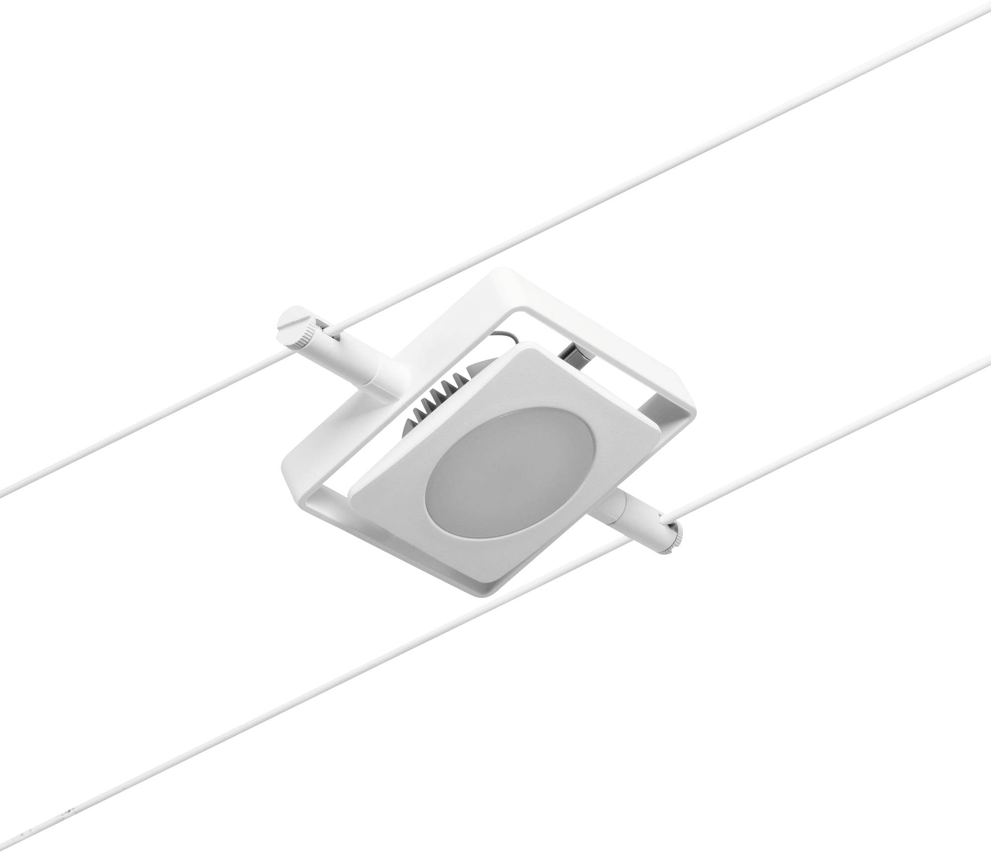 Ceiling light in a square shape, white, mounted on two cables. Modern design, suitable for interior lighting.