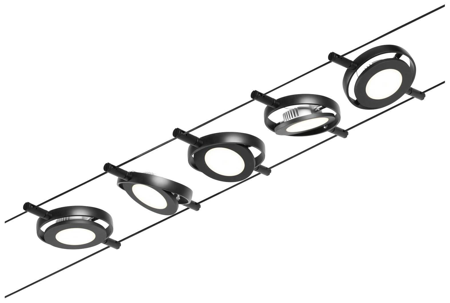 A row of five black, round ceiling spotlights mounted on two parallel tracks.