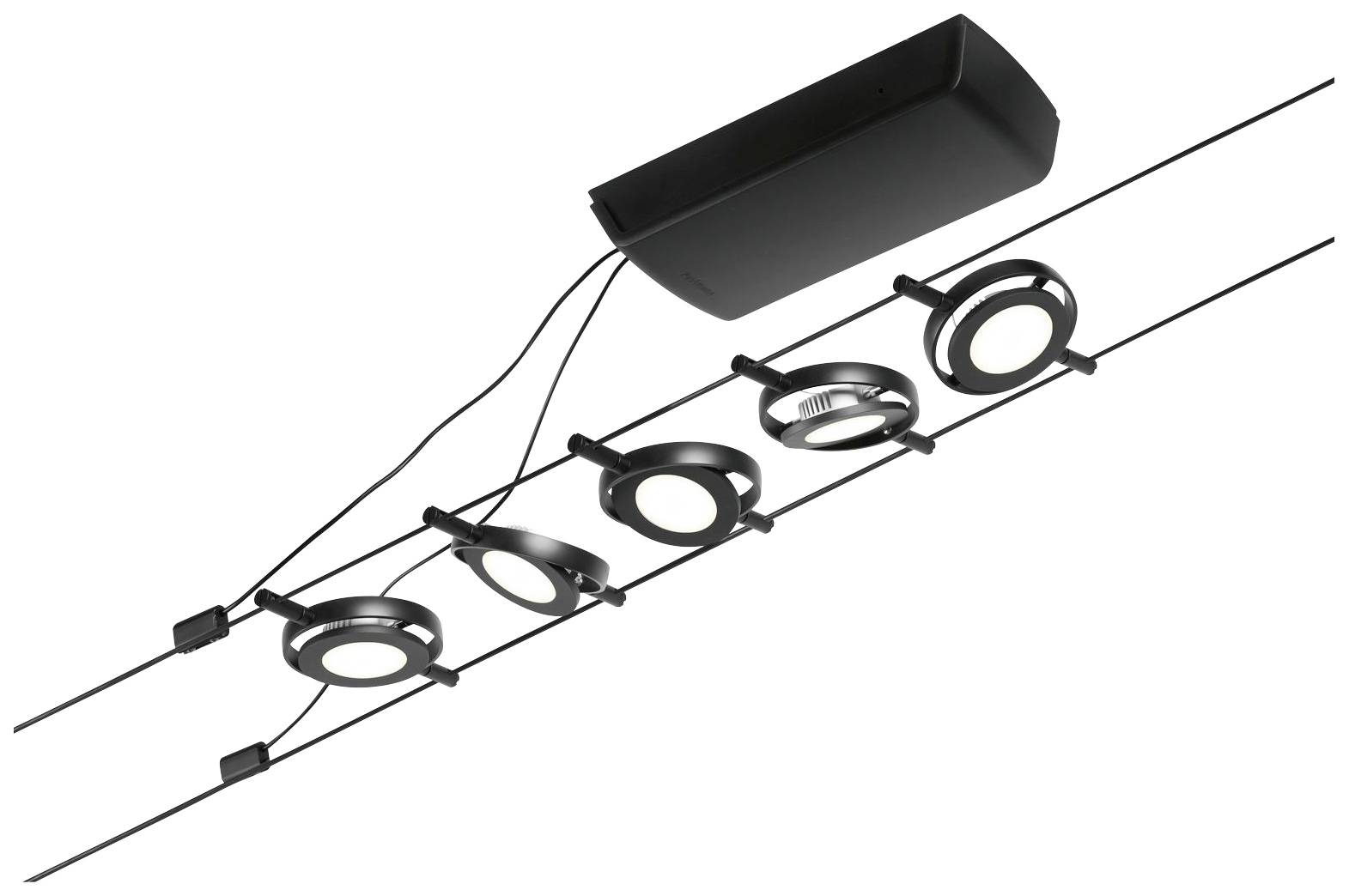 A modern, black LED track light with five adjustable round spotlights attached to two parallel wires.