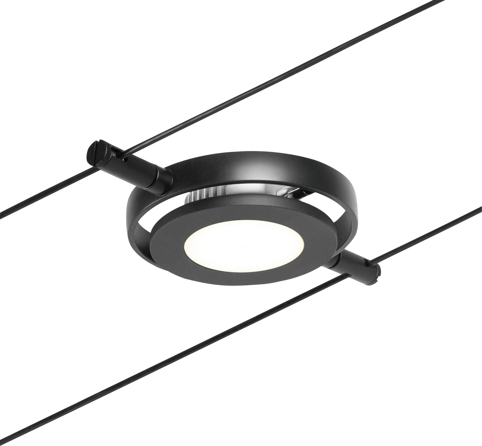 Black, round pendant light suspended between two wire cables, illuminating evenly, with a modern minimalist design.