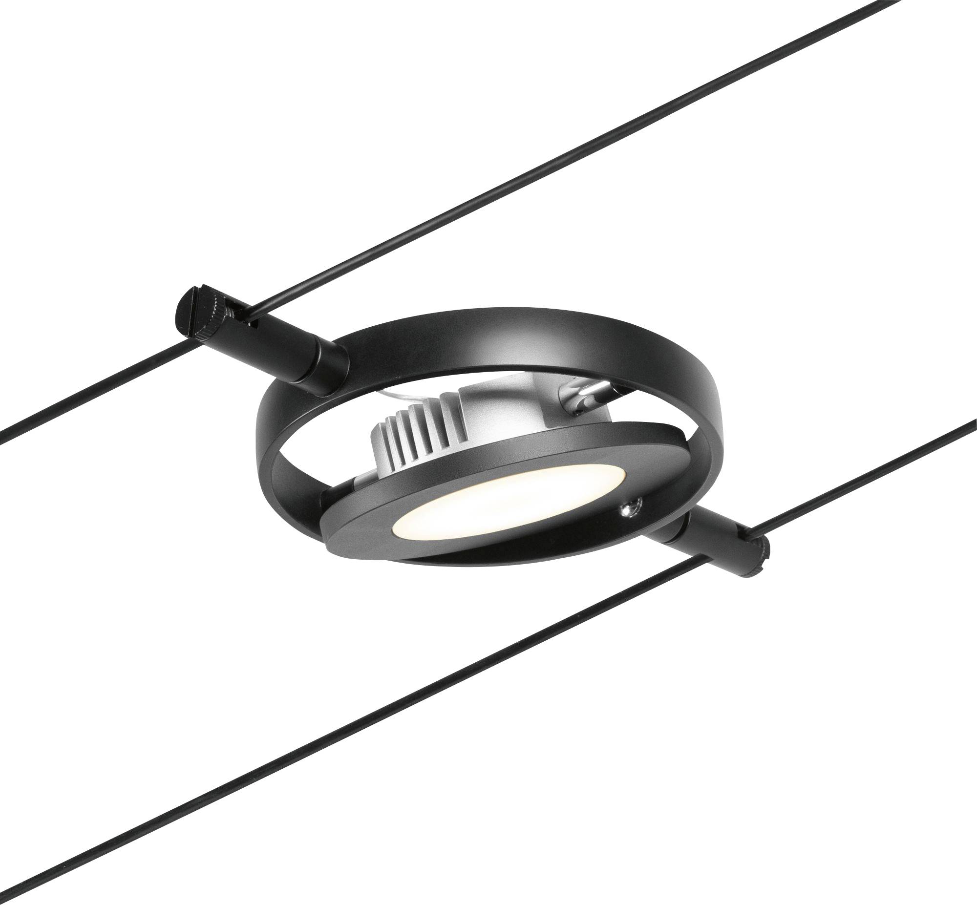 A modern black pendant light with a round LED light source, mounted between two cables on a white background.