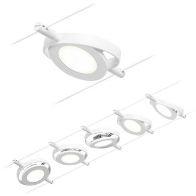 Several round, white LED ceiling lights mounted in a row, emitting uniform, bright light. Ideal for modern interiors.