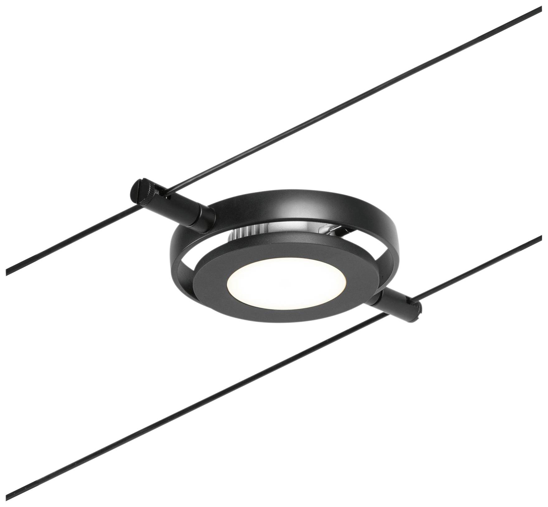A modern black ceiling light with a round design, suspended on two cables. It provides a diffused, warm light.