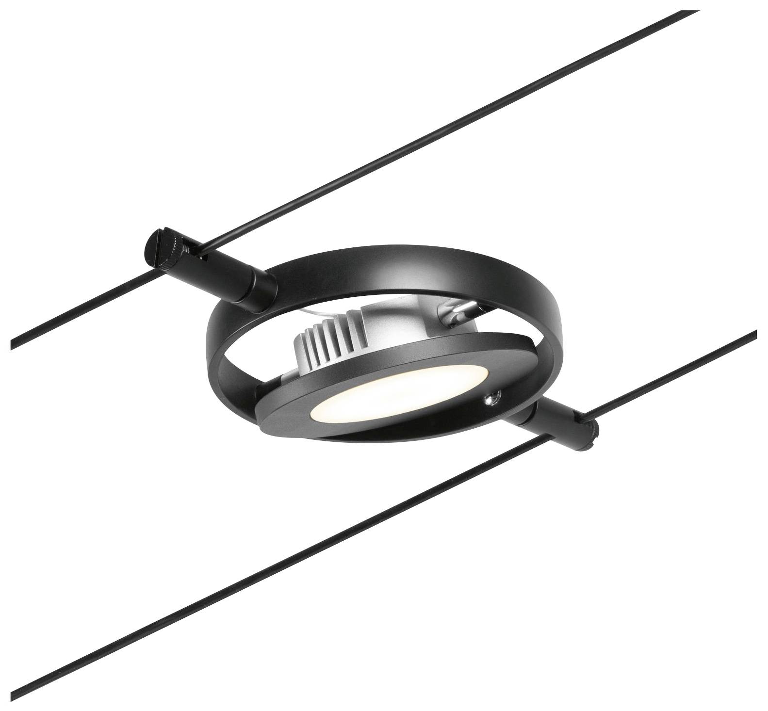 A round black ceiling spotlight, suspended from a cable, illuminates downwards. Modern, minimalist design.