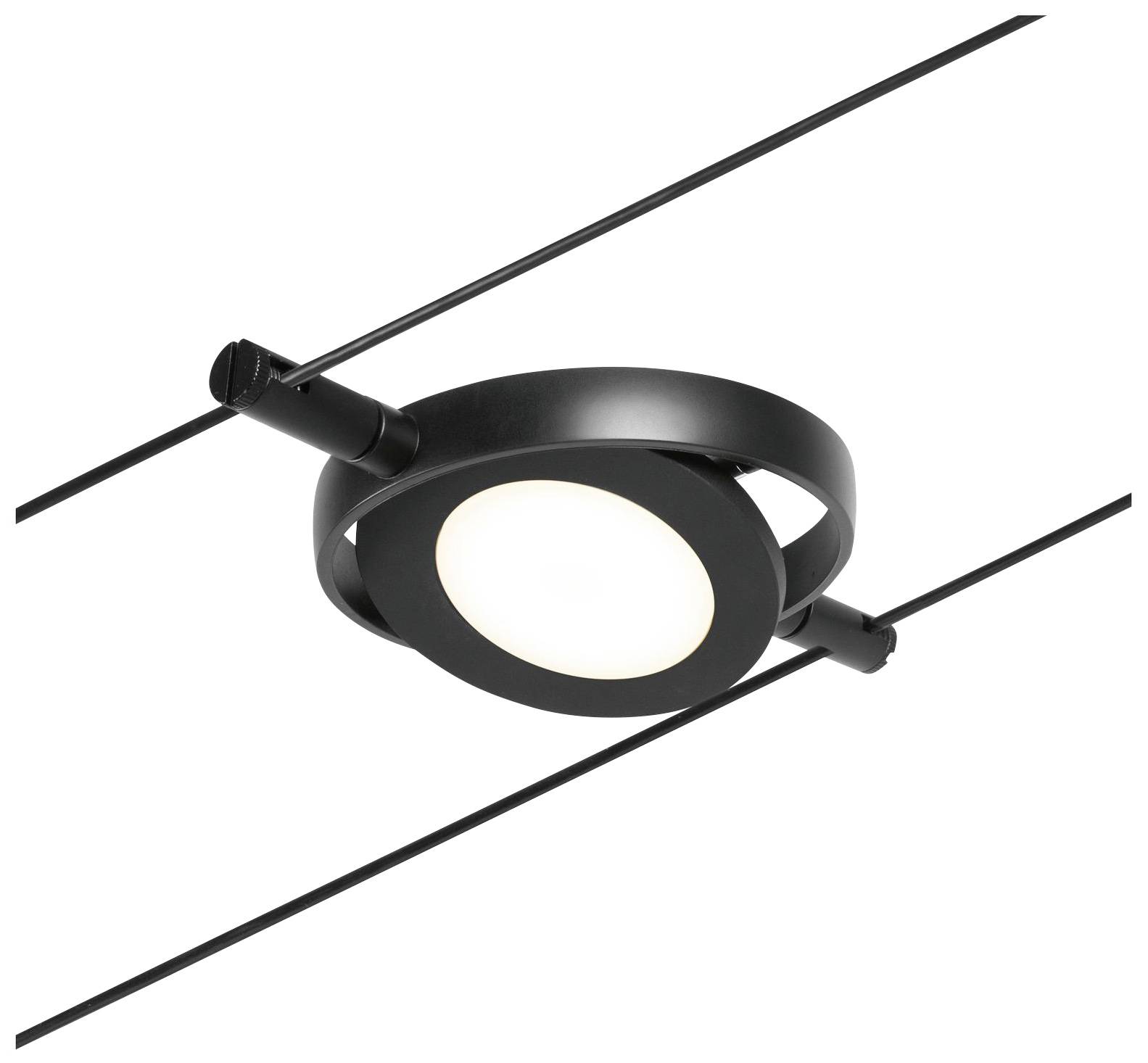 A modern black ceiling light with a round, flat design, suspended on two parallel cables, emits bright light.