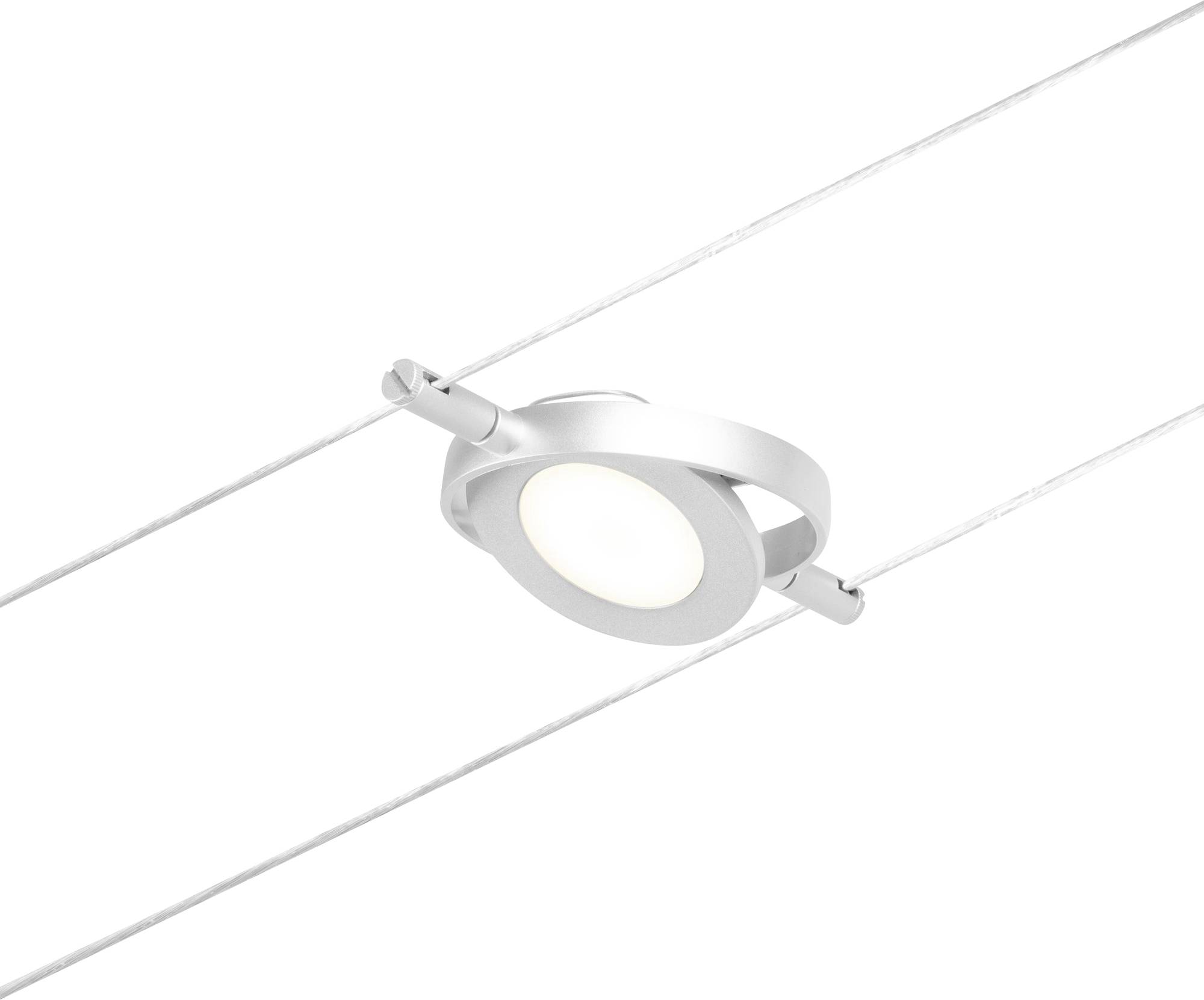 A pivoting ceiling spotlight, mounted on a cable system, shines downwards and provides focused illumination.