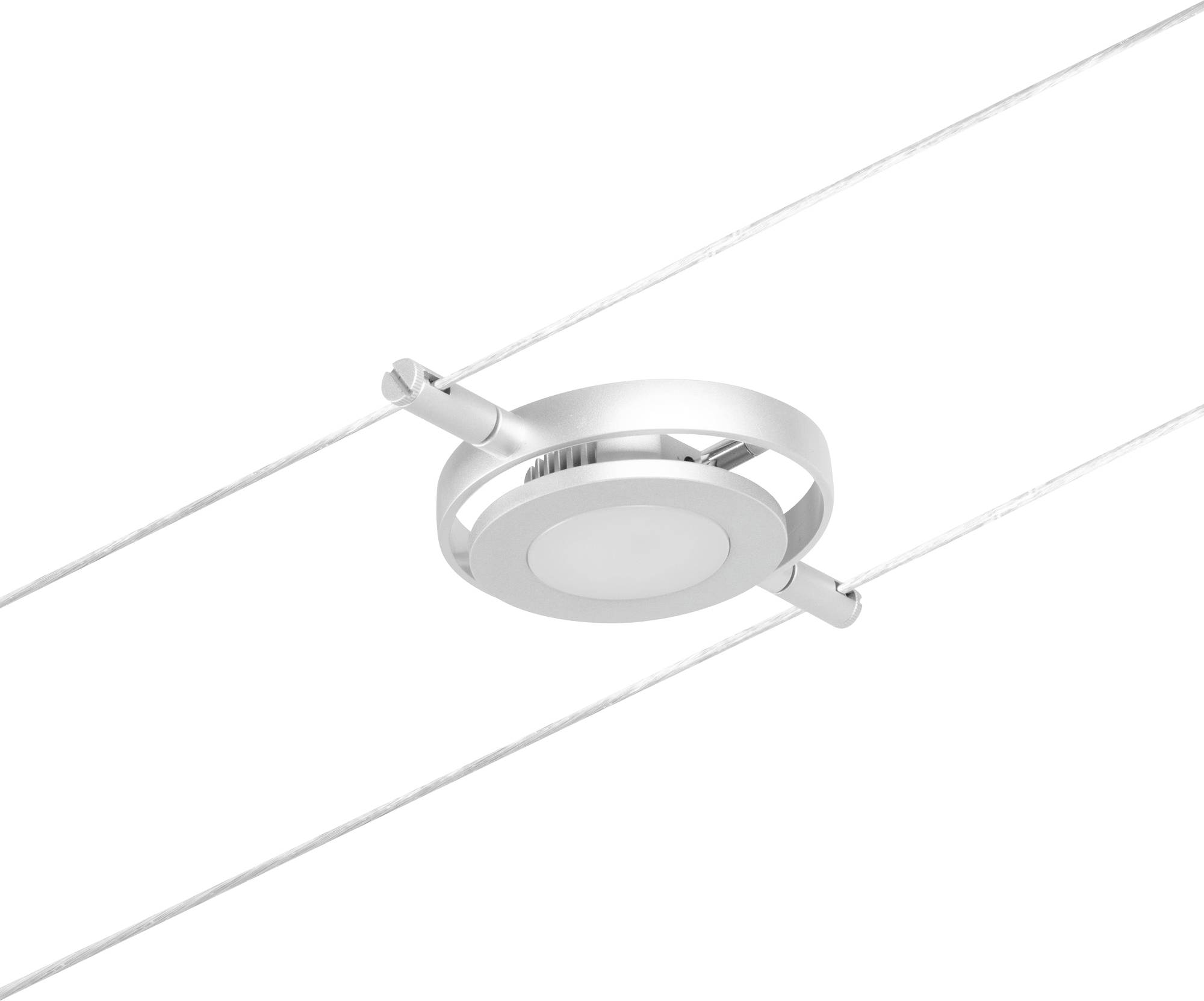 A silver ceiling spotlight, mounted on two parallel electrical cables. Modern design, circular housing.
