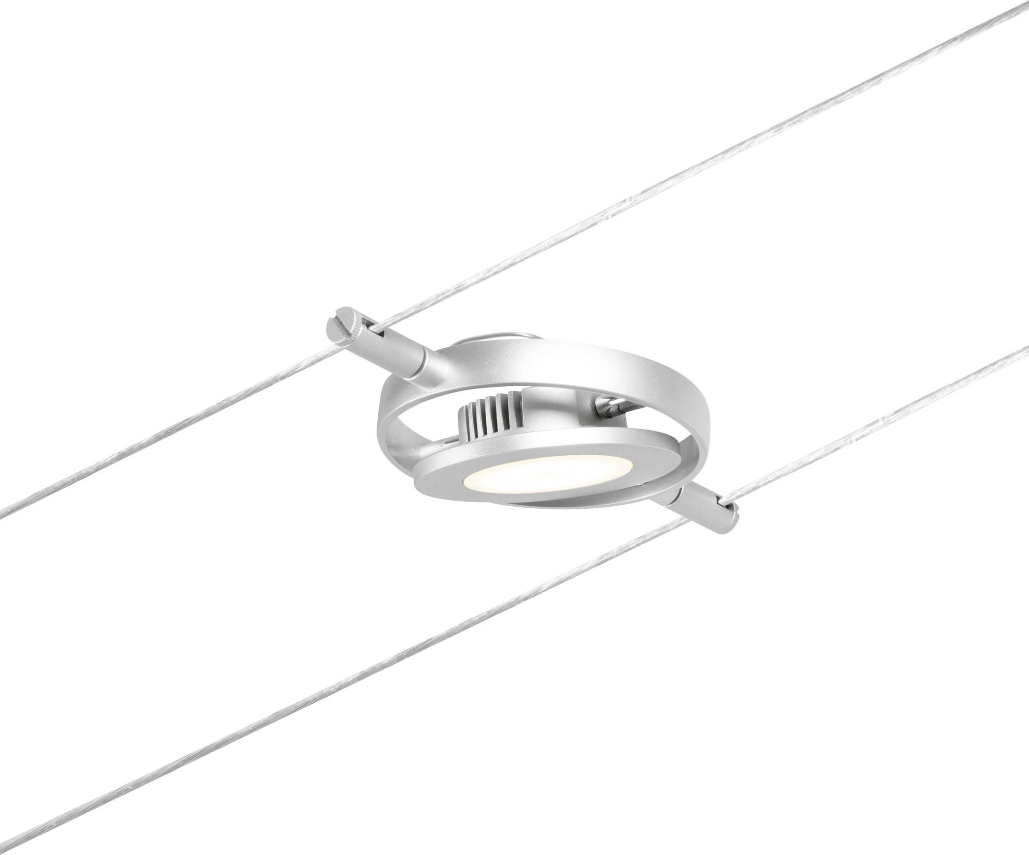 A silver, round LED ceiling light hangs between two taut cables, ideal for contemporary interior lighting.
