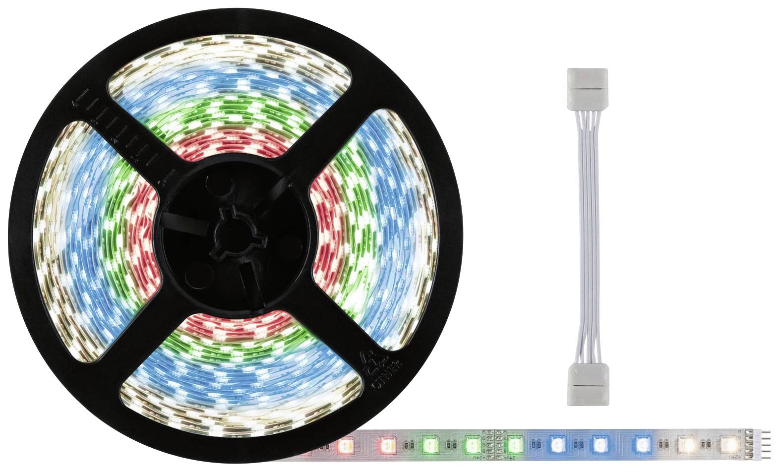 A reel of colourful LED strips, next to an LED connection cable and a strip with illuminating LEDs in red, green and blue.