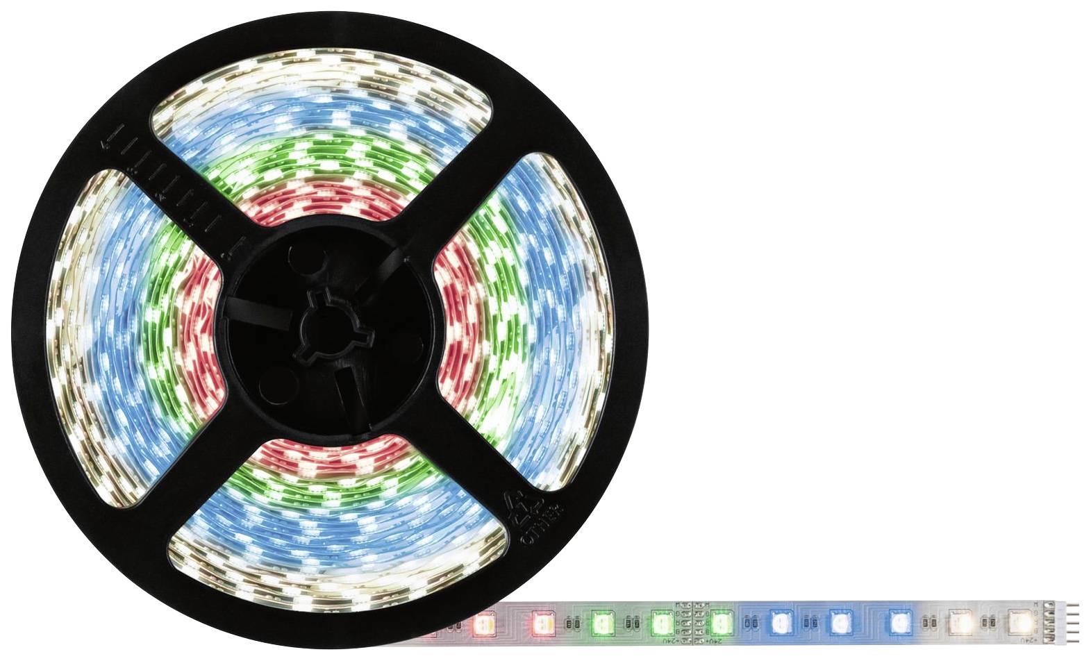 A roll of multi-coloured LED light strips emitting red, green, and blue light, partially unrolled beside the roll.