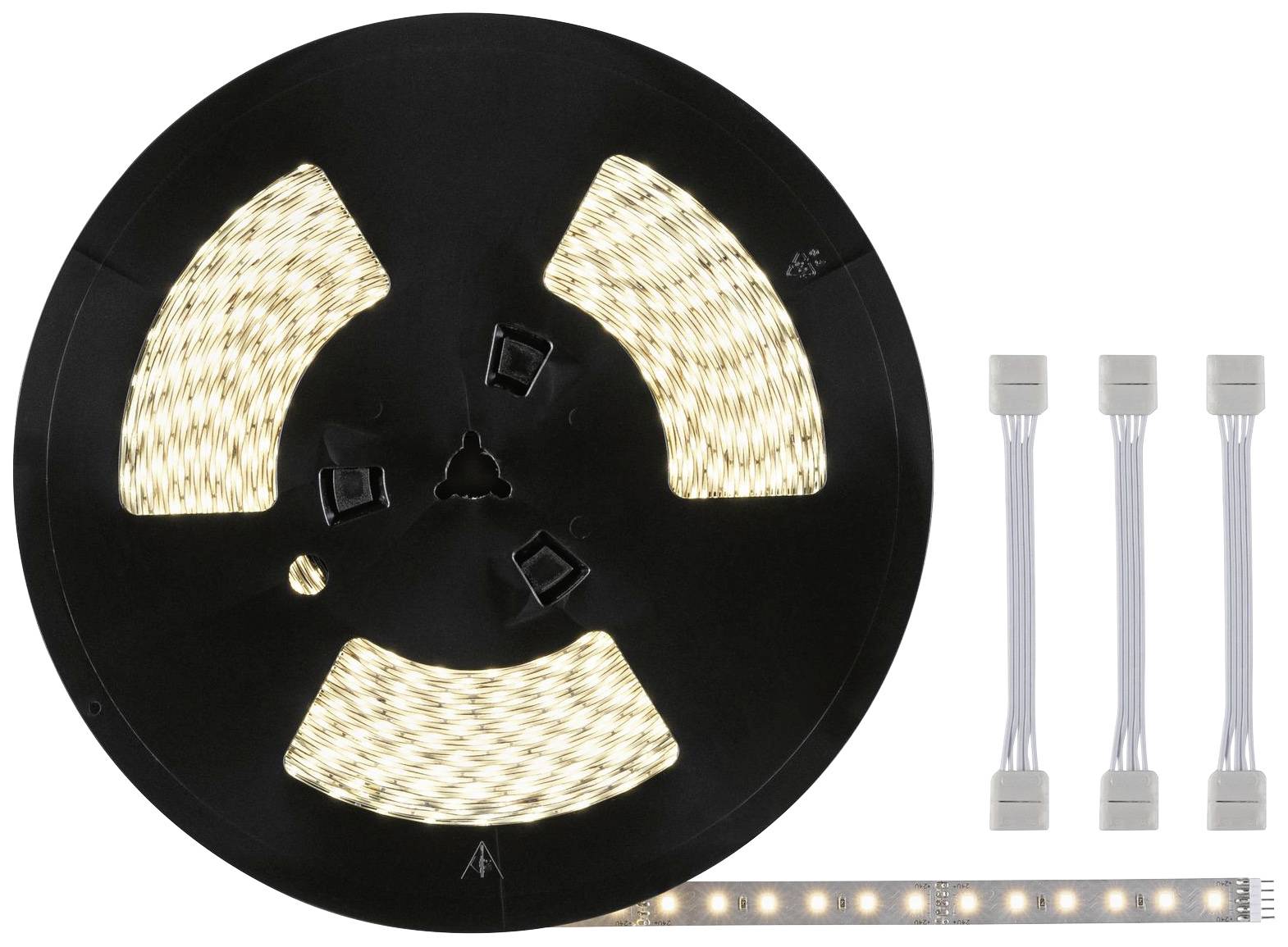 A roll of warm white LED strips with three connecting parts. Ideal for flexible lighting solutions.