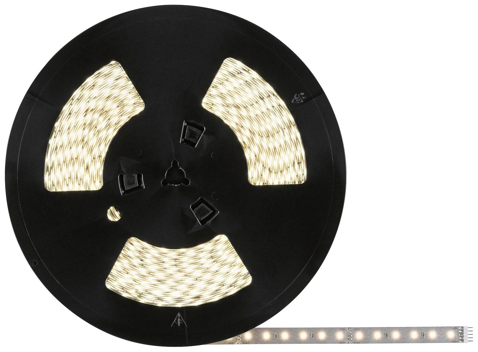 A roll of LED strip, partially unrolled and illuminated. The strip shows a row of evenly distributed LEDs.