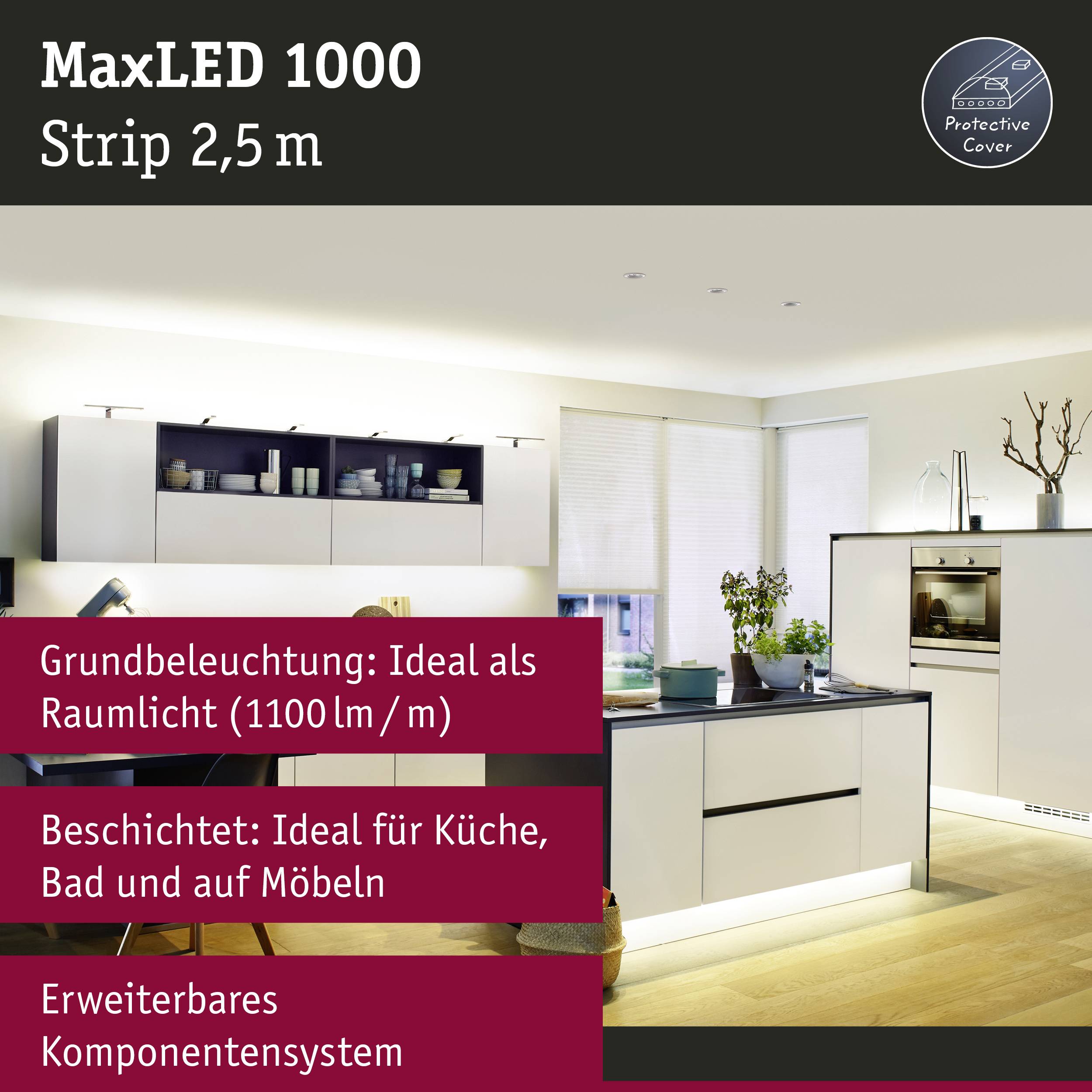 'MaxLED 1000 Strip 2.5m' in a contemporary kitchen with integrated lighting. Text describes benefits: ambient lighting, furniture illumination, expandable system.