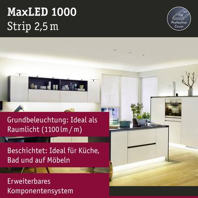 'MaxLED 1000 Strip 2.5m' in a contemporary kitchen with integrated lighting. Text describes benefits: ambient lighting, furniture illumination, expandable system.