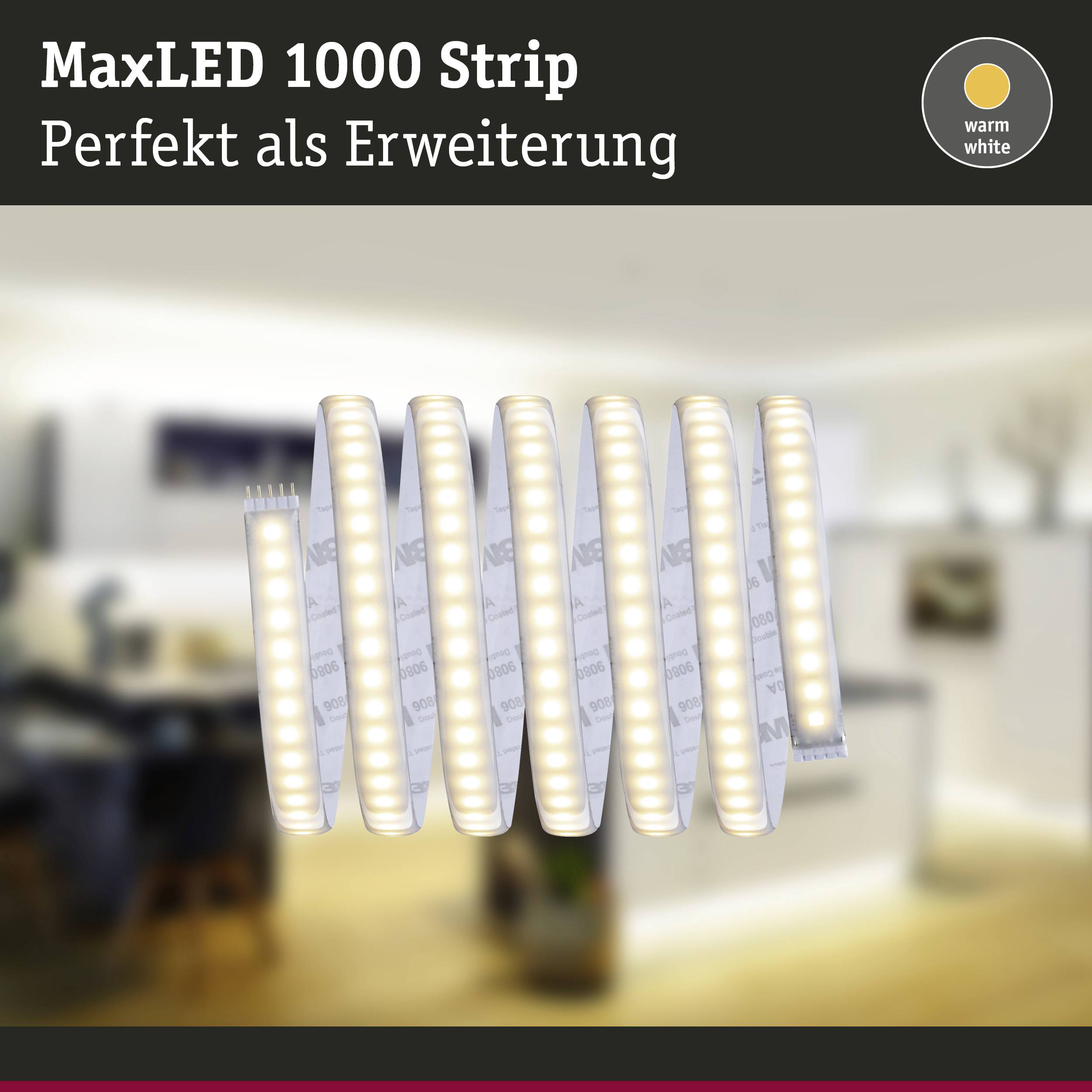 'MaxLED 1000 Strip' light strip in warm white, used as an extension, ideal for creating atmospheric lighting in living spaces.